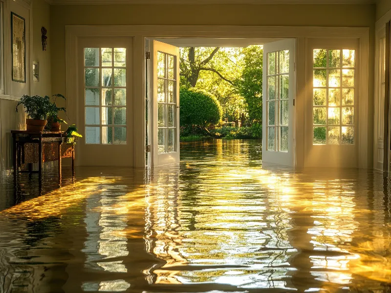 Sunlit room with open French doors flooded by water reflecting greenery outside.