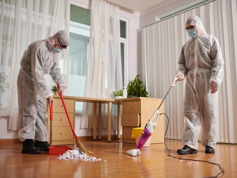 Two people in protective suits and masks cleaning a floor with a broom and vacuum cleaner.