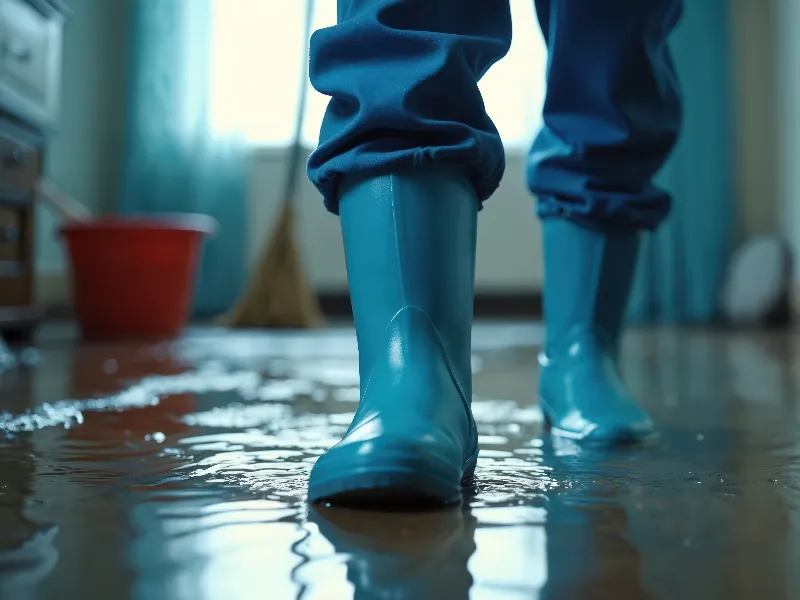 Person wearing blue rain boots standing in a room with water on the floor.