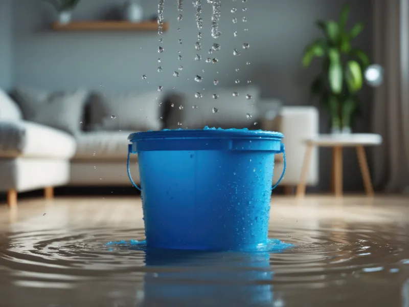 Blue bucket collecting water from a leak on a flooded living room floor.