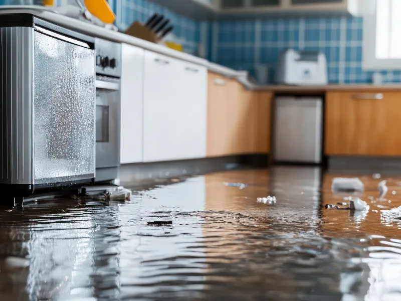 Water flooding the floor of a kitchen with cabinets and appliances.