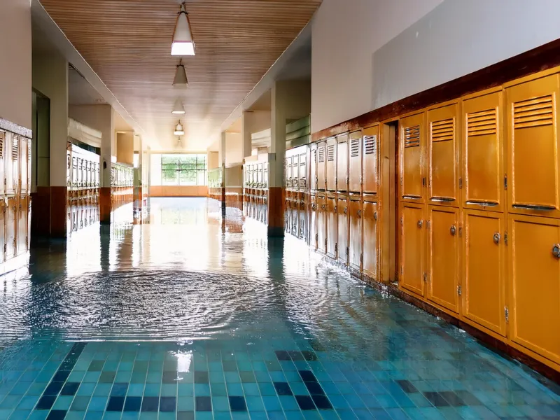 School hallway with yellow lockers flooded with water covering the floor.