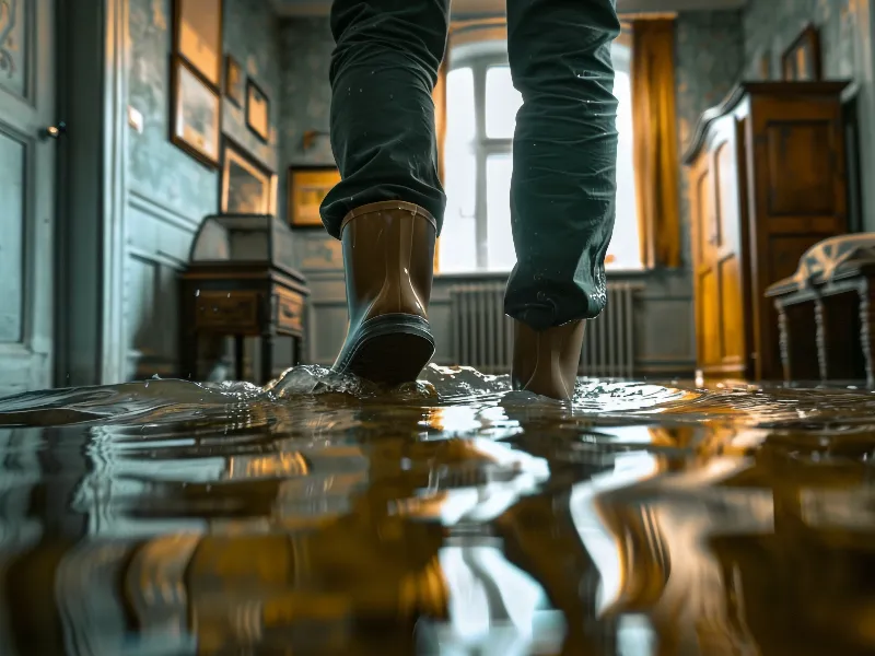 Person wearing boots walking through a flooded room with water reflecting furniture and a window.