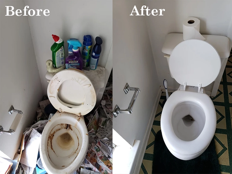 Side-by-side comparison of a dirty, cluttered toilet before and a clean, tidy toilet after cleaning.